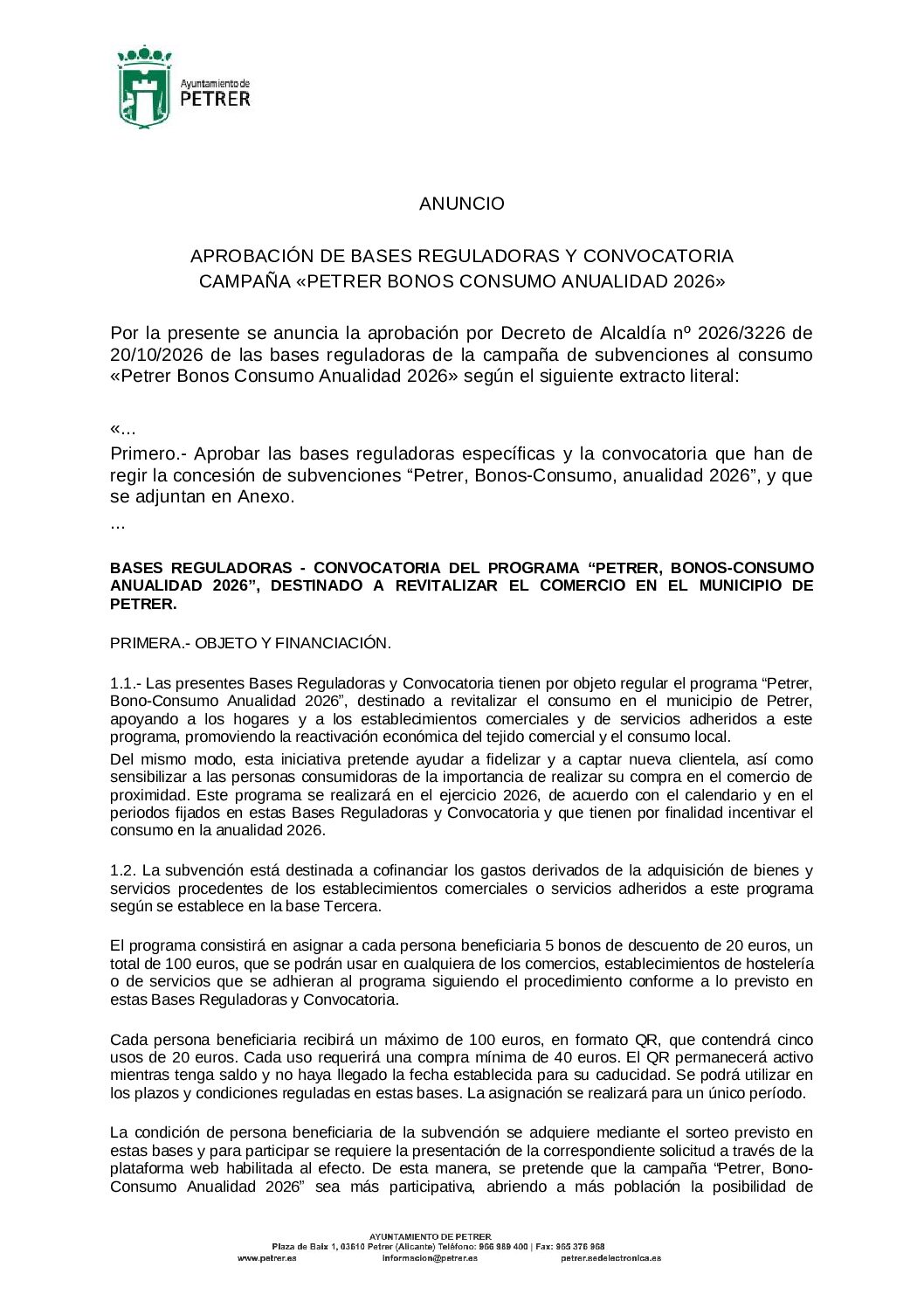 Petrer abre hoy el sorteo de los Bonos Consumo: cómo pedir hasta 100 euros y cuáles son los plazos