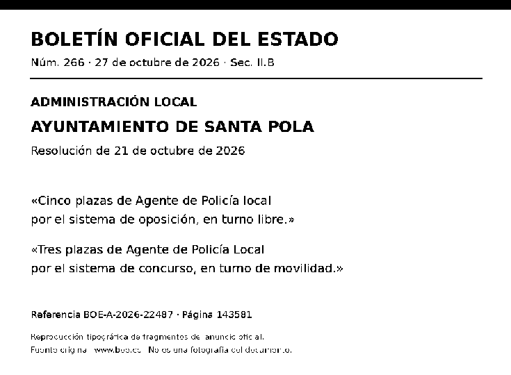 Santa Pola abre hasta el 23 de noviembre el plazo para ocho plazas de Policía Local: cinco libres y tres de movilidad