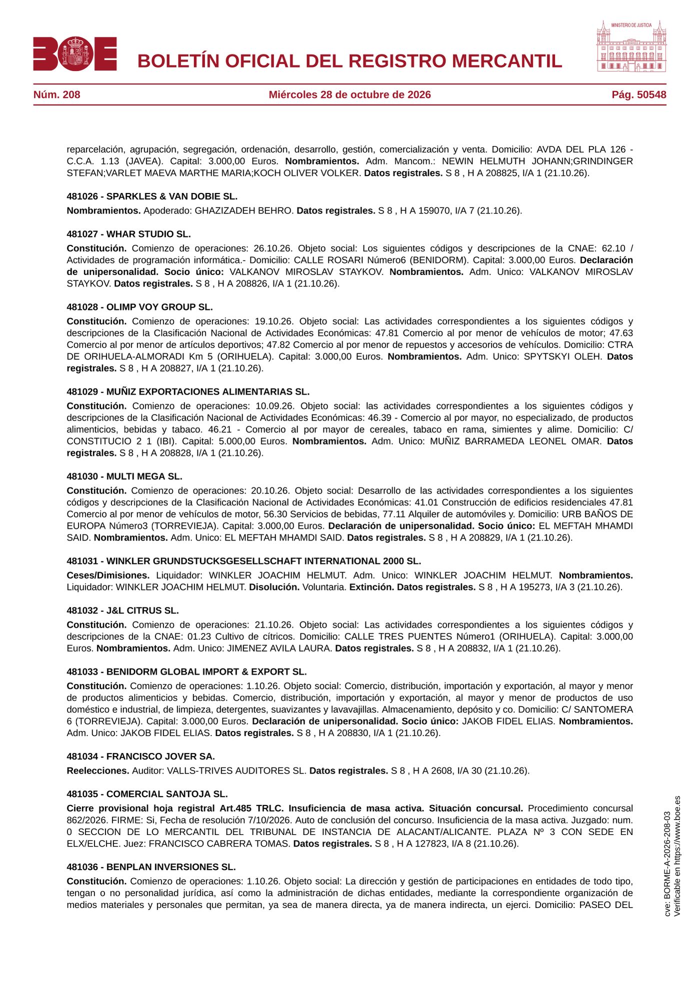 El BORME confirma el cierre registral provisional de Comercial Santoja tras concluir su concurso por falta de activos